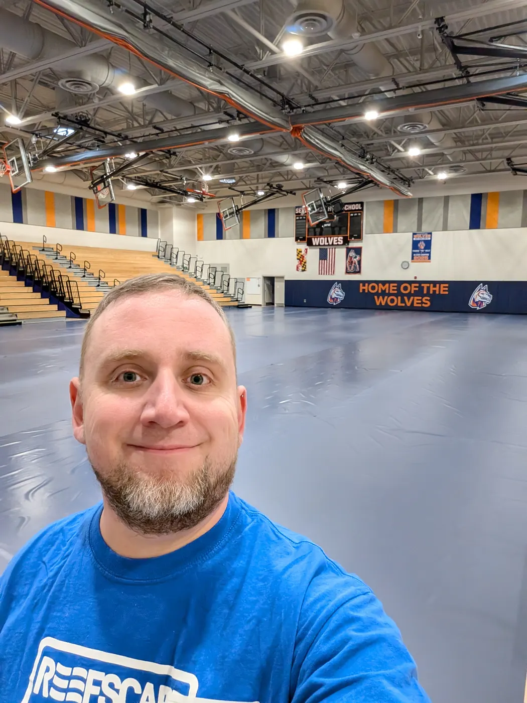 Zac Cohen in the empty gym hours before doors open at the 2026 Severn District Event