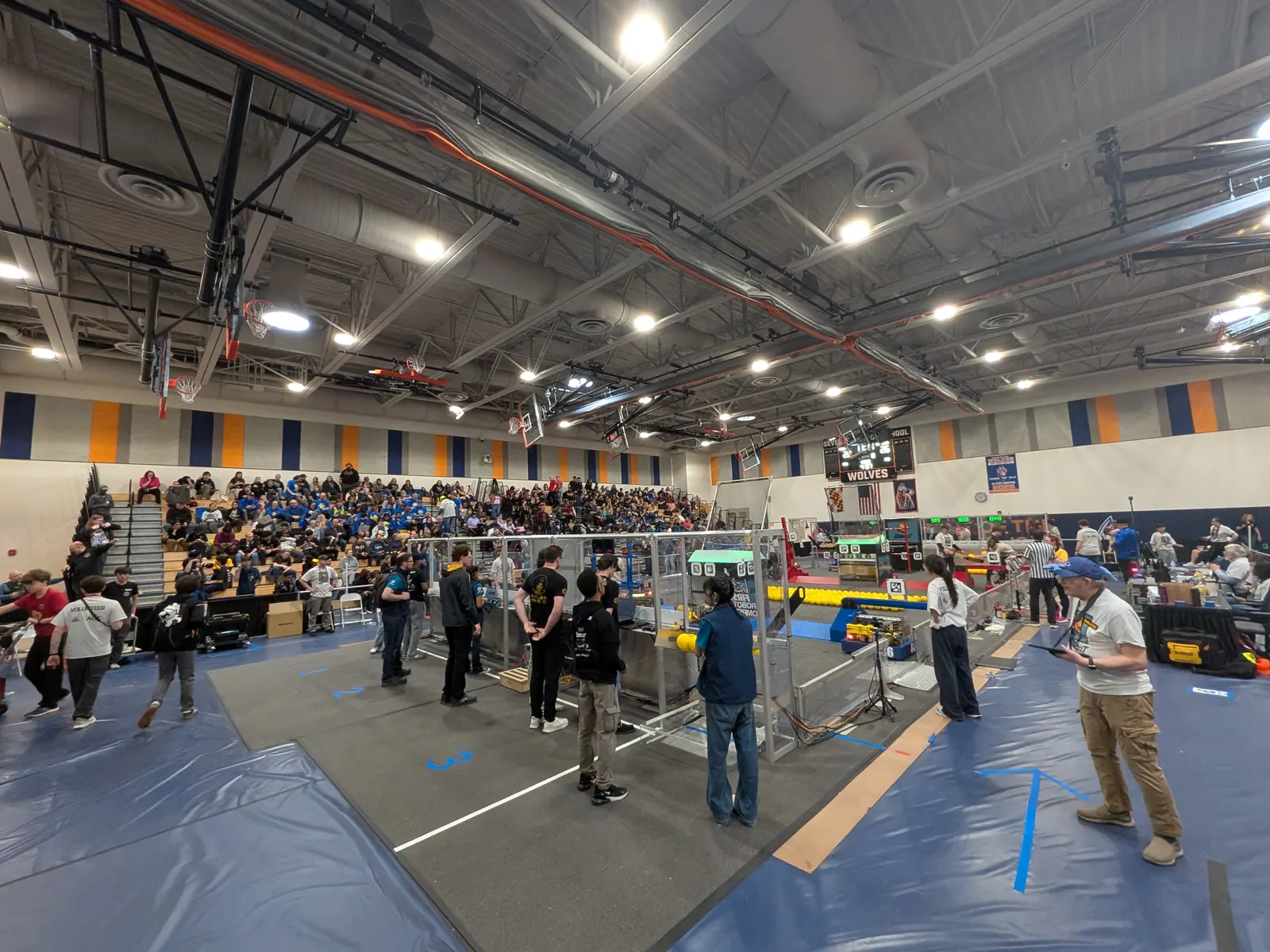 Packed stands and the competition field during playoffs at the 2026 Severn District Event