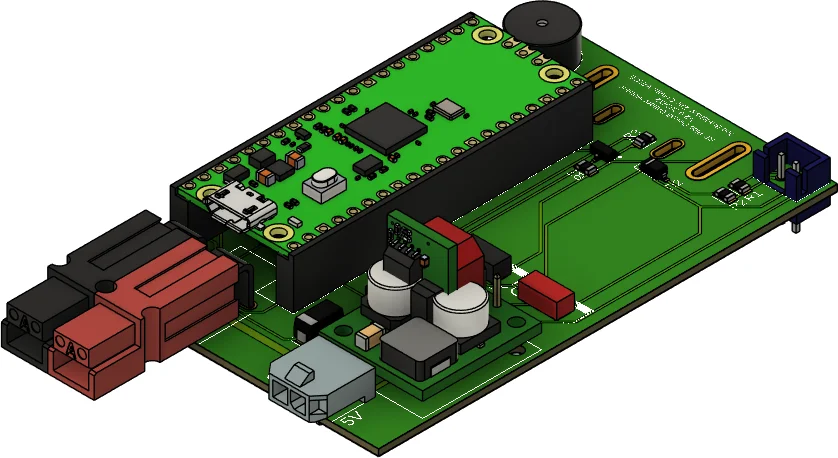CAD render of the battery monitor and vessel-Pi supply board with battery connectors and 5 V output