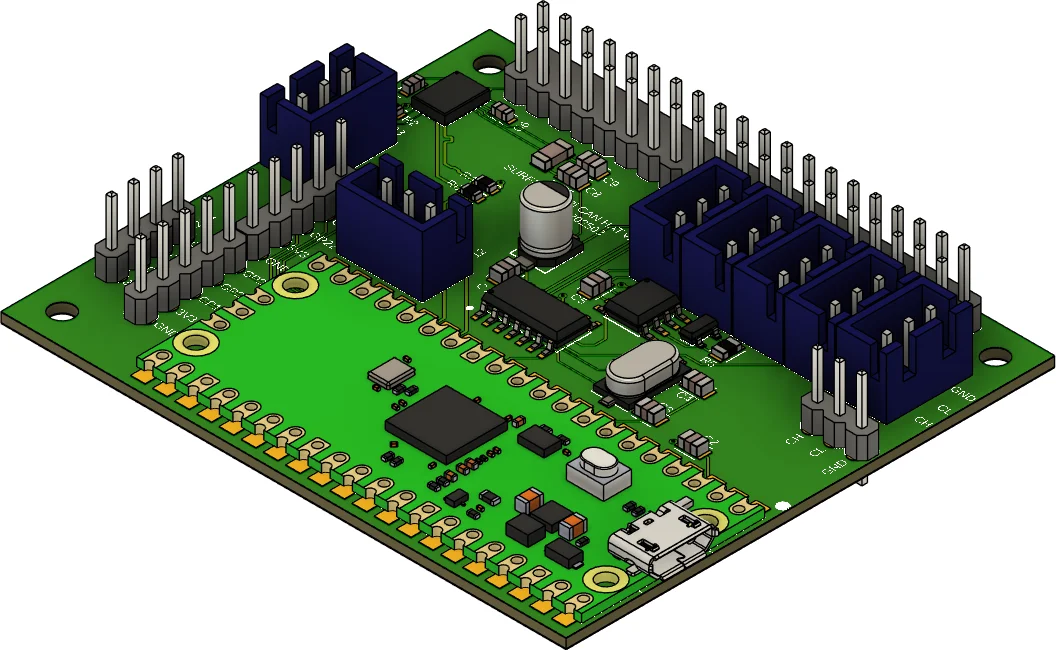 CAD render of the custom Raspberry Pi CAN HAT with onboard Pi Pico, IMU, and connectors