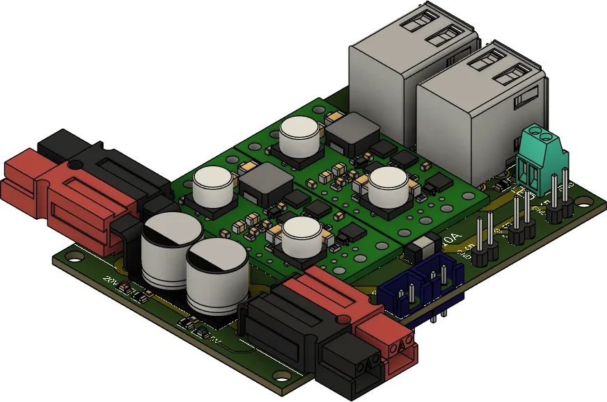CAD render of the power distribution board with DC-DC converter modules and power connectors