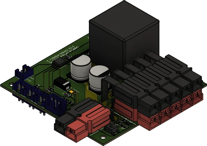 CAD render of the safety-relay controller board with propulsion relay and switched power outputs