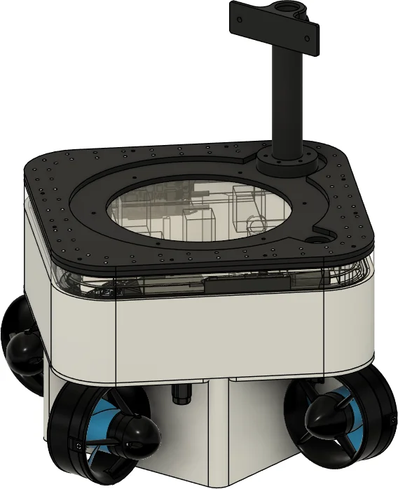 CAD model of the complete SURFER vessel showing the one-piece SLA hull, four tangential thrusters, top plate, and camera mast