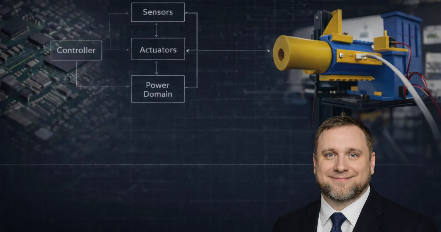 Zac Cohen beside a system block diagram — a controller linked to sensors, actuators, and a power domain — and a render of the SENTRY turret platform